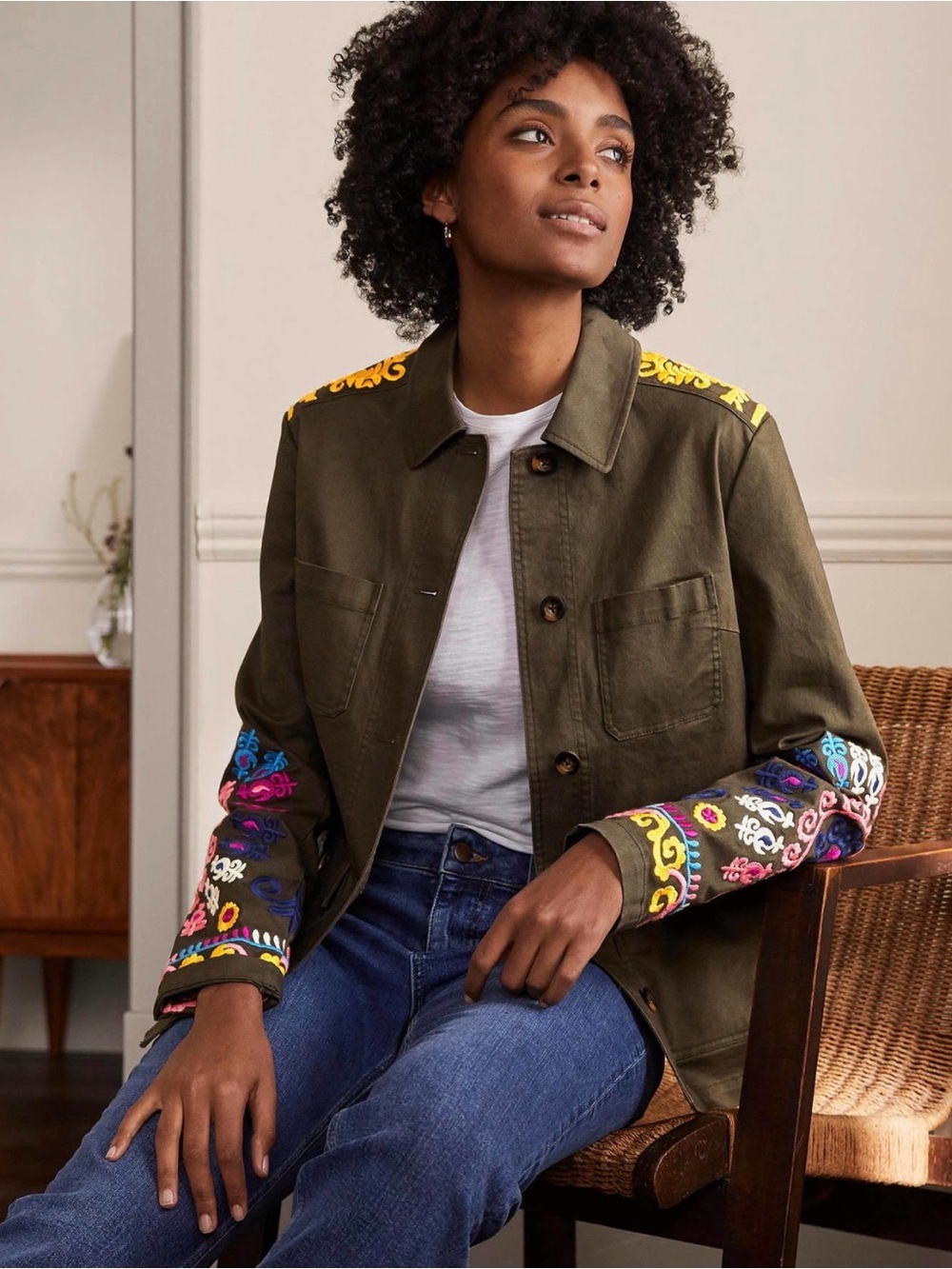 Boden Olive Utility Jacket with Multicolor Embroidered Sleeves